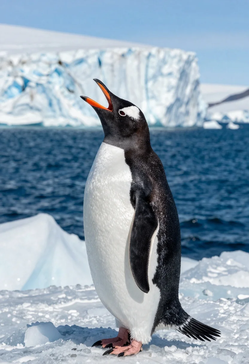 Majestic gentoo penguin calling on jagged ice ridge near massive glacier - AI generated image prompt sample