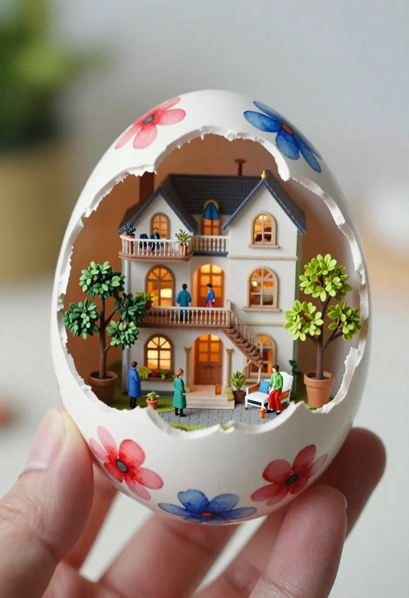 Macro shot of miniature dollhouse in broken eggshell