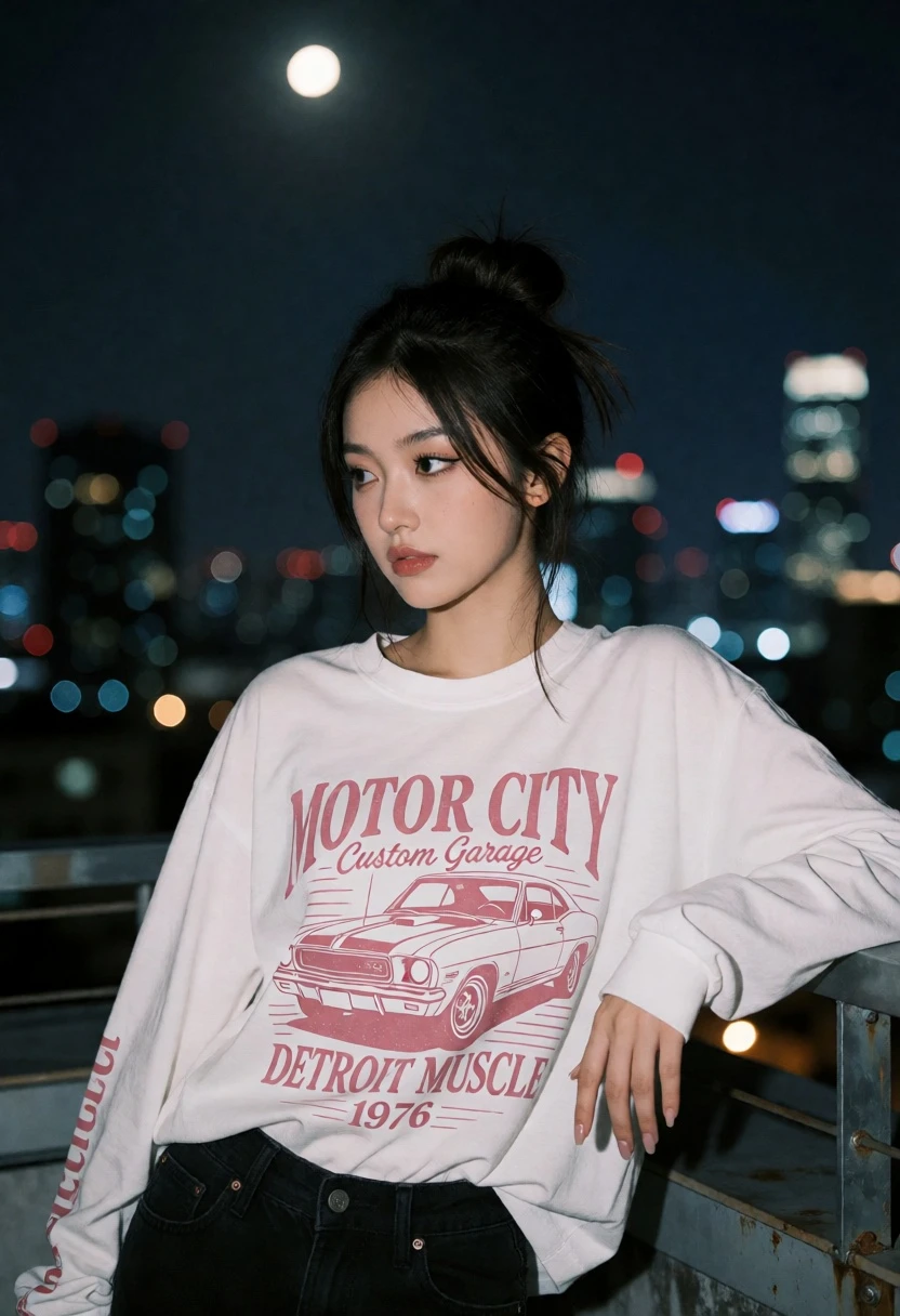 Young woman on rooftop terrace at night under full moon glow - AI generated image prompt sample