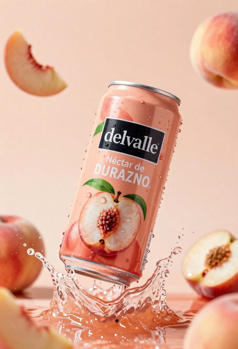 Refreshing peach nectar can suspended in midair with water splash - AI generated image prompt sample