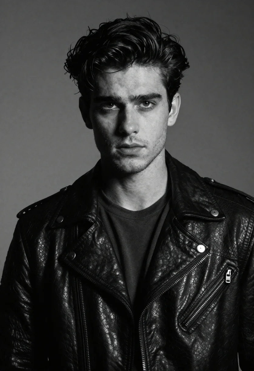 Portrait of handsome young man in black leather jacket studio shot - AI generated image prompt sample