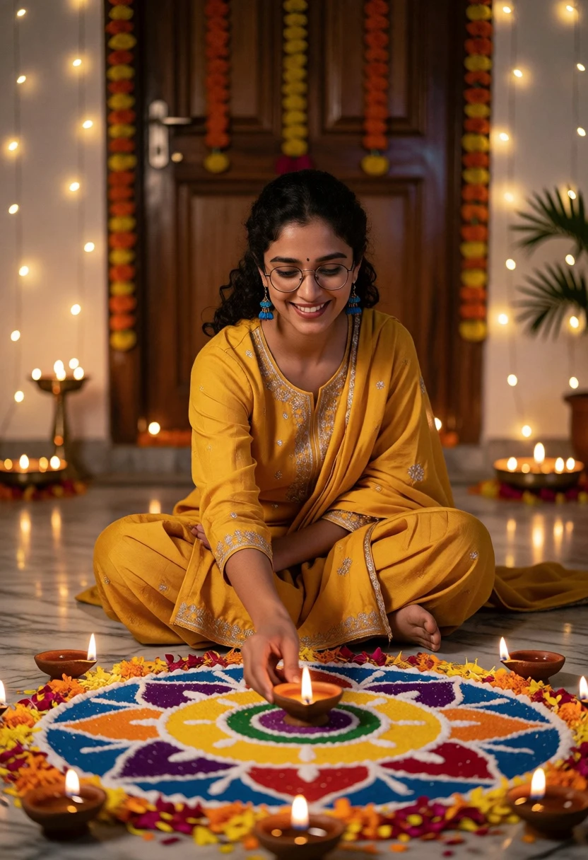 Young woman placing lamp in rangoli design at decorated entryway - AI generated image prompt sample