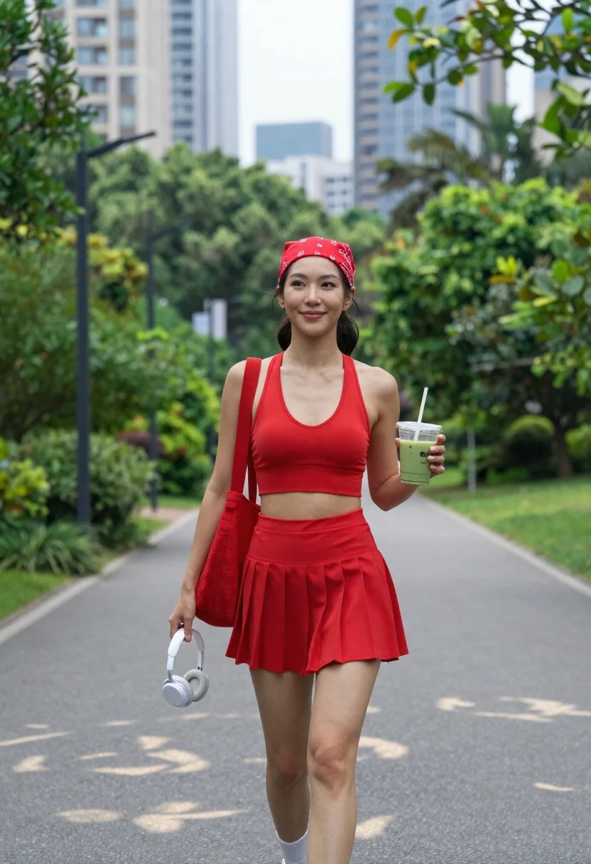 Smiling woman in red athletic outfit walking on park path with city - AI generated image prompt sample