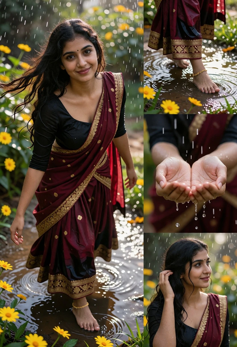 Young woman in traditional lehenga standing in puddle during gentle rain shower - AI generated image prompt sample