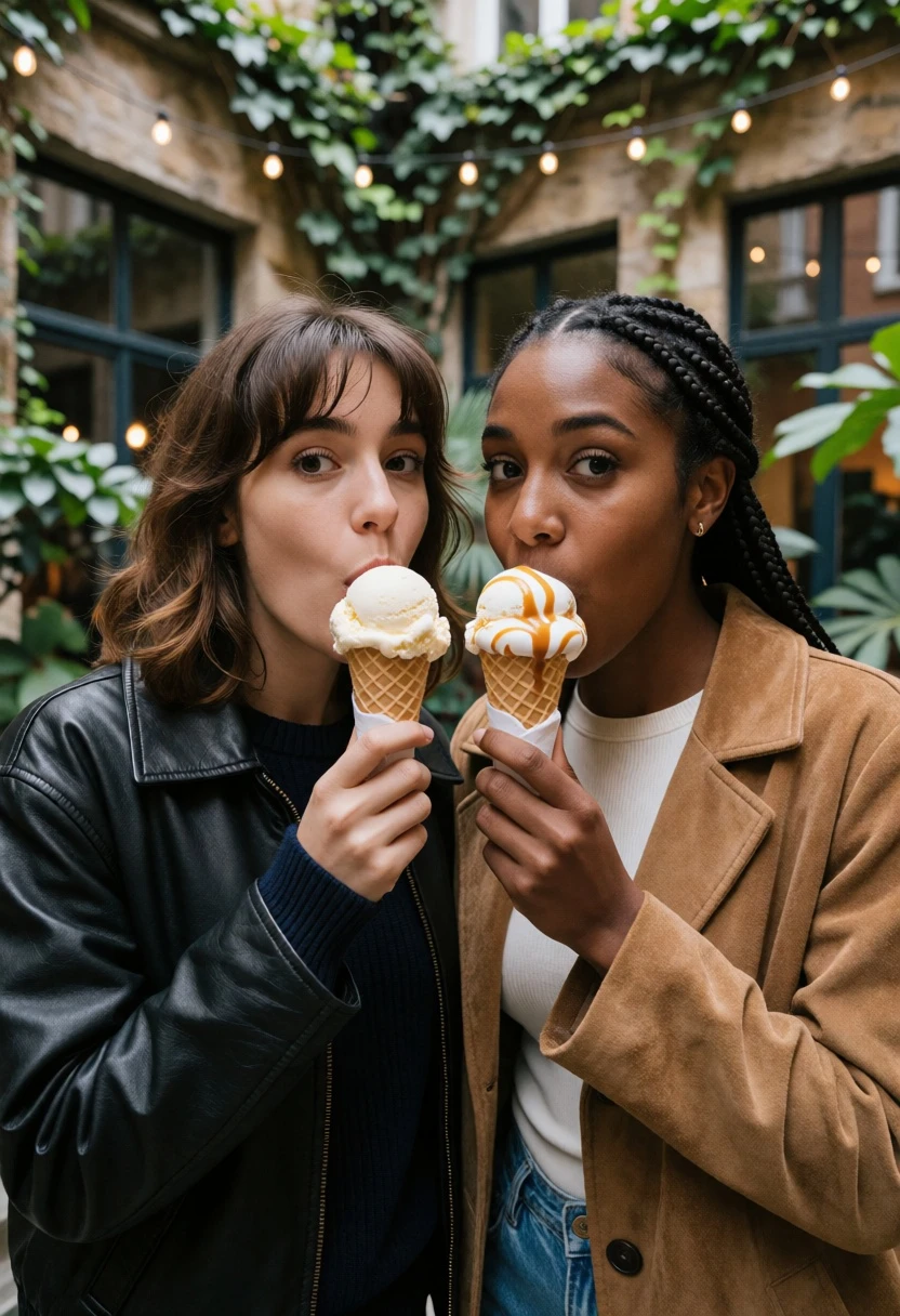 Two women sharing ice cream cones in a lush ivy courtyard setting - AI generated image prompt sample