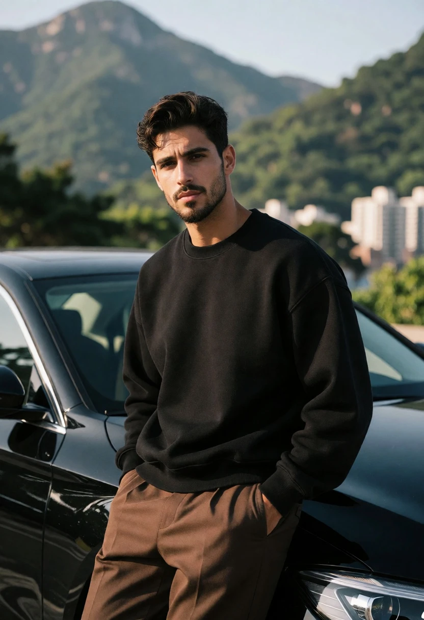 Young man leaning against a black car near green mountains and city - AI generated image prompt sample