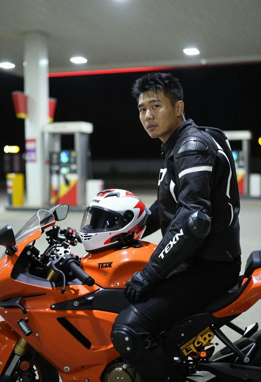 Man on sportbike at gas station at night - AI generated image prompt sample