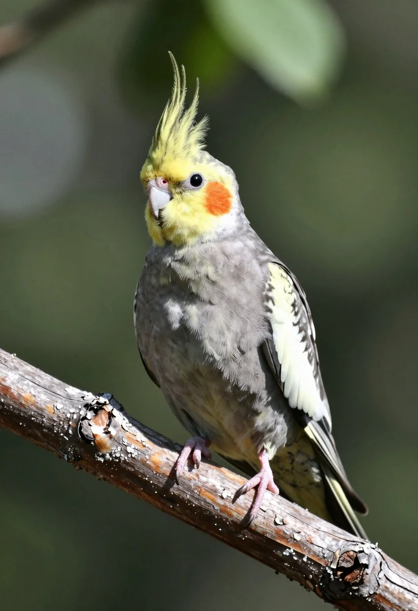 Medium close up of a cockatiel perched on a wooden branch in - AI generated image prompt sample