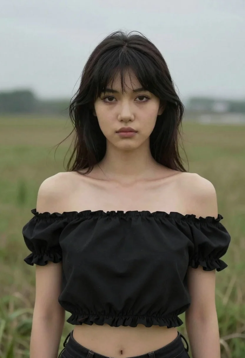 Young woman with dark hair in black top in grassy field - AI generated image prompt sample