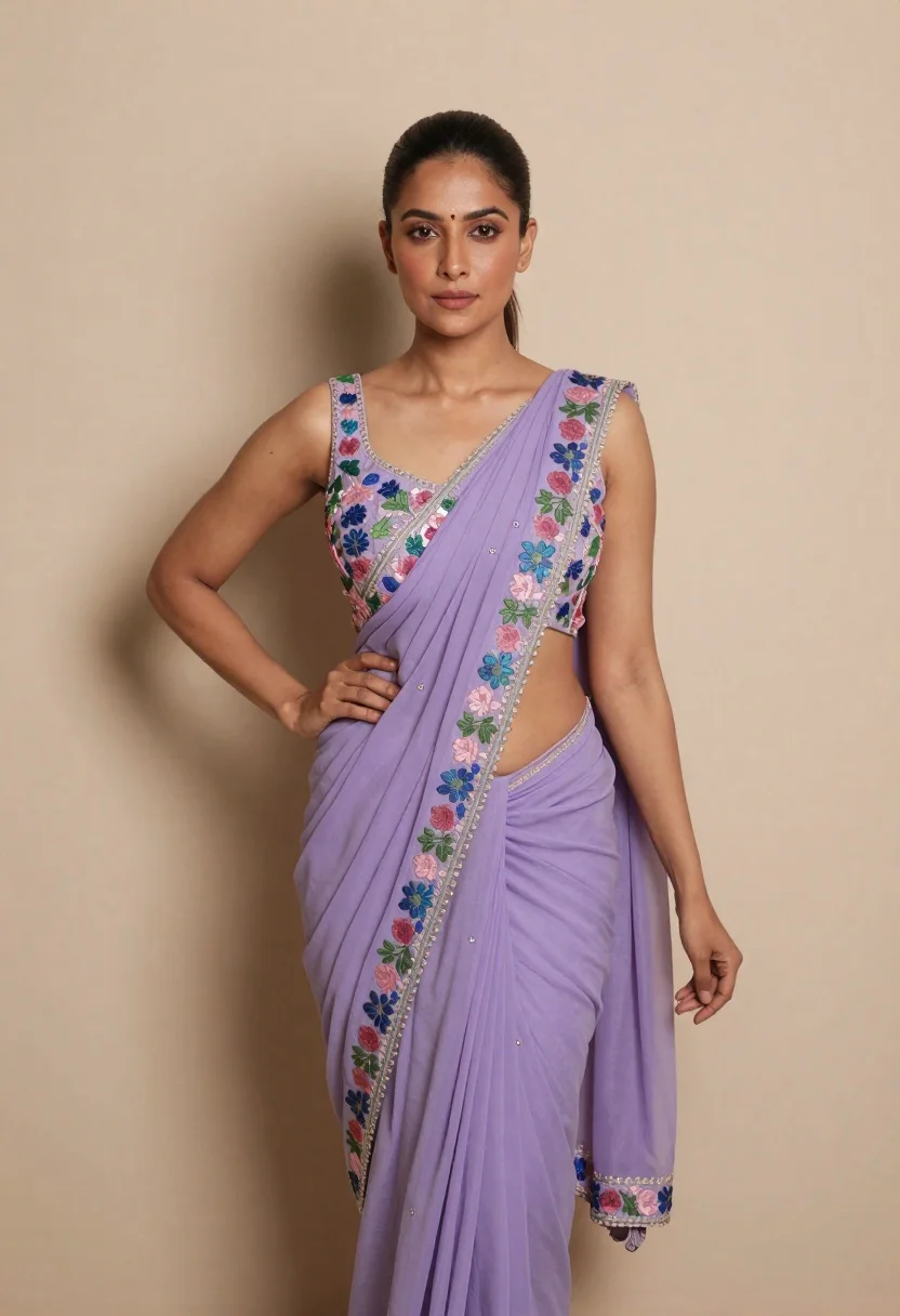 Confident woman in lavender embroidered saree blouse against a beige wall