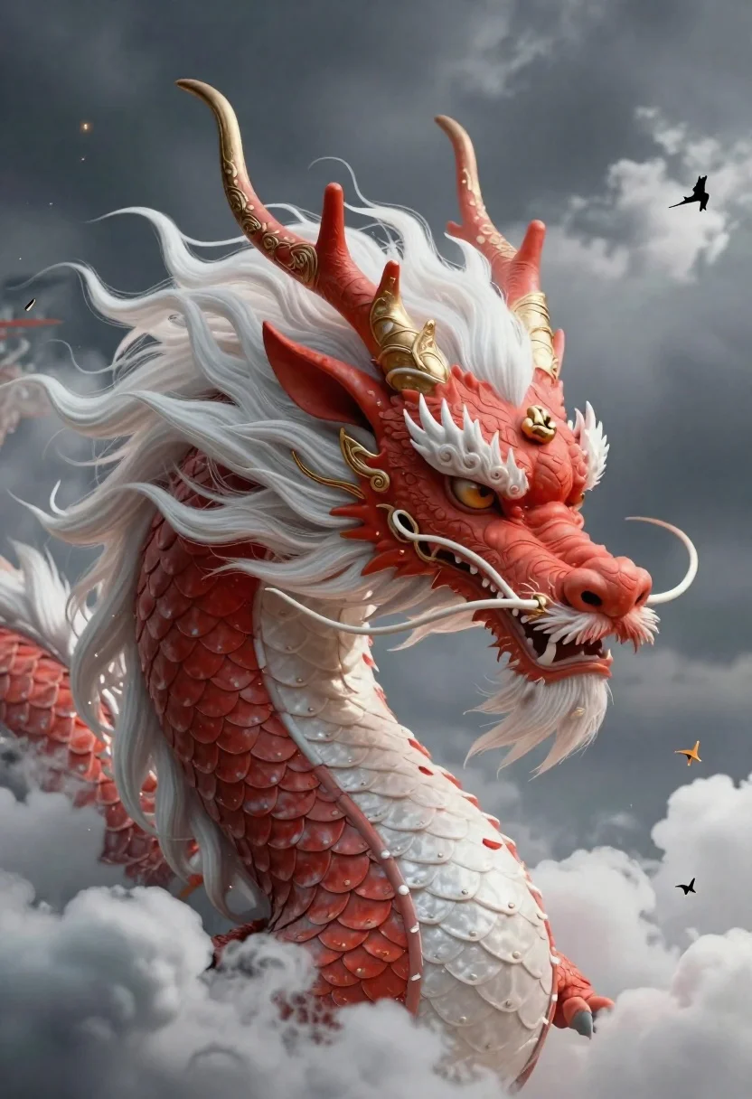 Chinese dragon head emerging from stormy clouds - AI generated image prompt sample