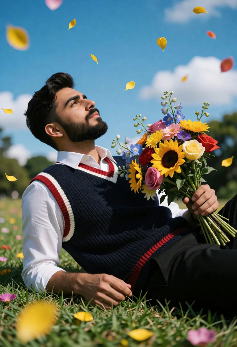 Young man reclining in grassy field holding flowers under bright blue sky - AI generated image prompt sample