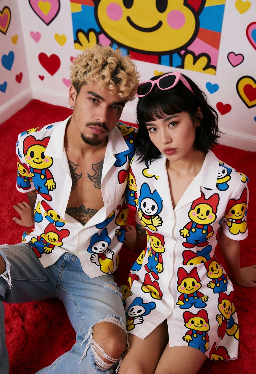 Two young people sitting on red carpet against colorful cartoon art backdrop - AI generated image prompt sample