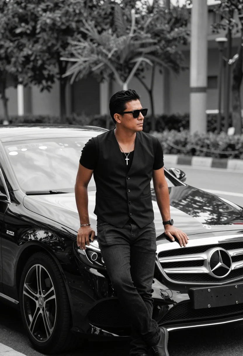 Confident man leaning on black mercedes benz in urban setting with selective - AI generated image prompt sample