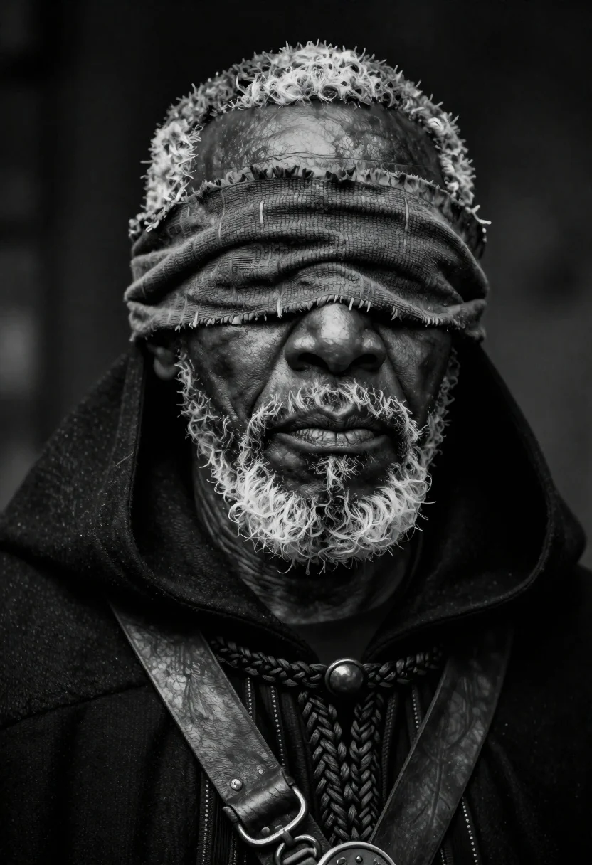 Close up portrait of elderly man in dark cloak - AI generated image prompt sample