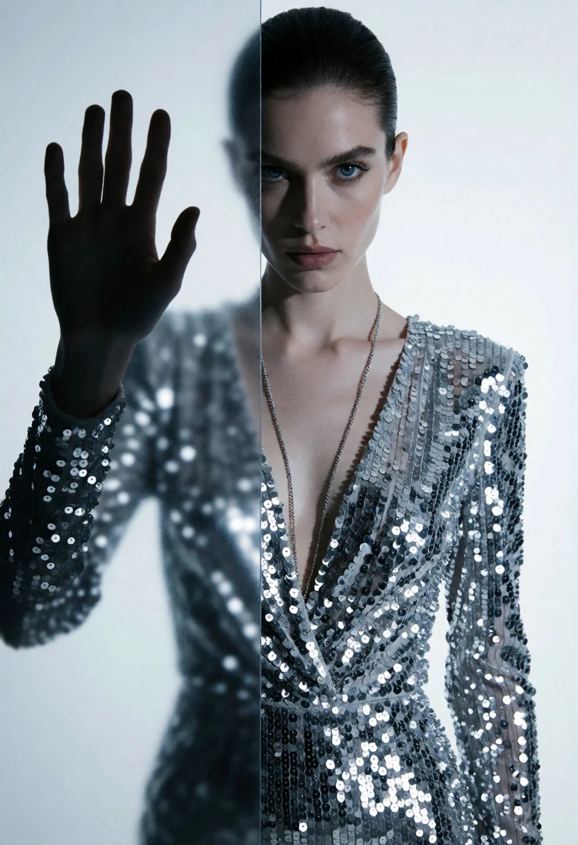 Woman in silver sequined dress casting shadow on translucent panel studio portrait - AI generated image prompt sample