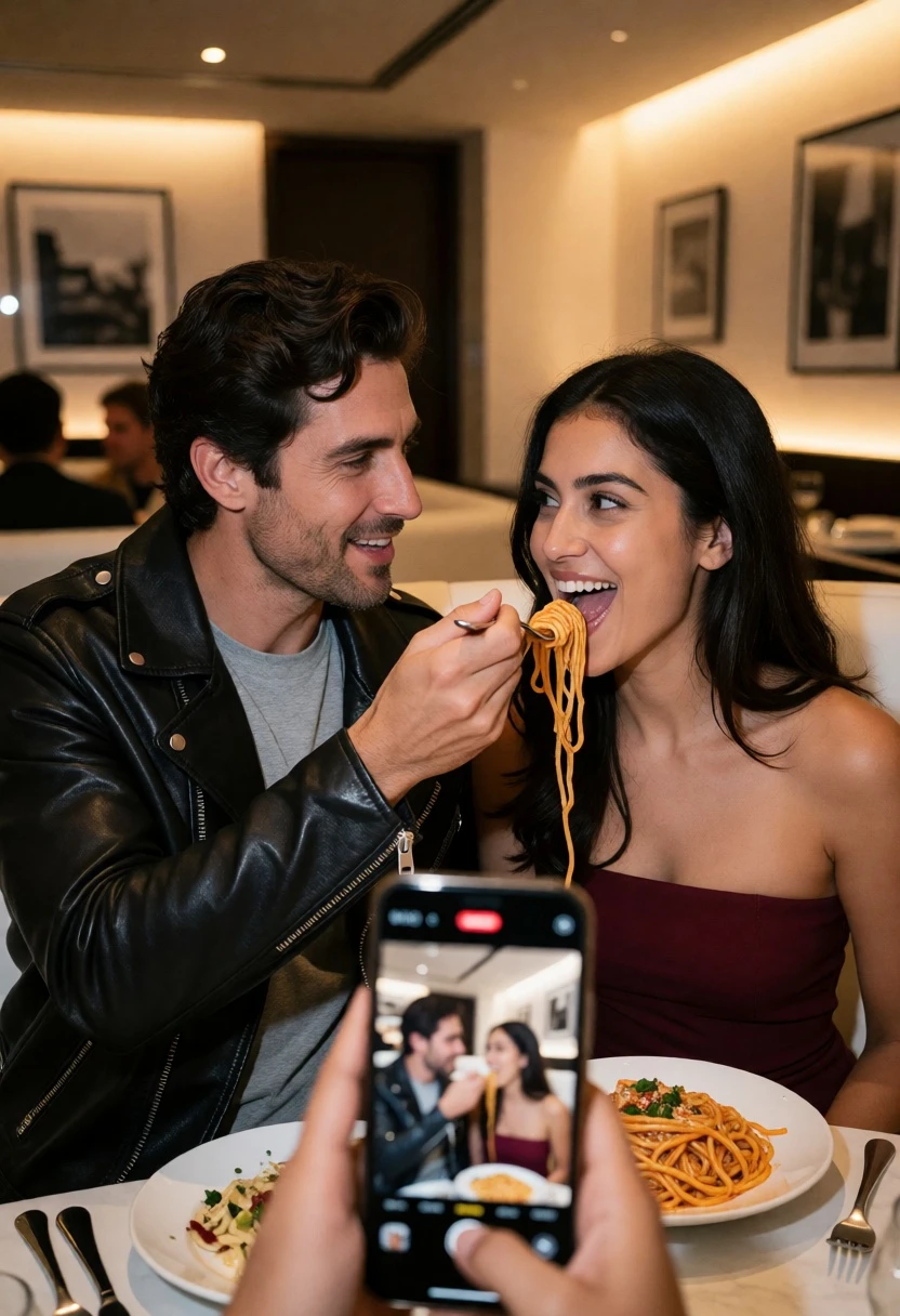 Man feeding woman spaghetti in a modern restaurant interior setting - AI generated image prompt sample