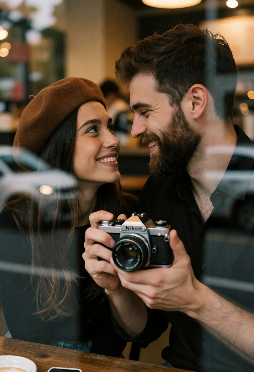 Smiling couple sharing intimate moment through a cafe window reflection - AI generated image prompt sample