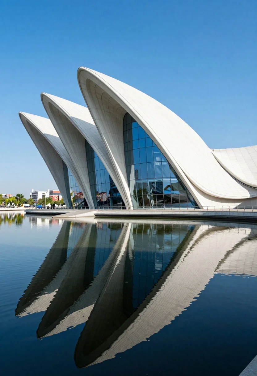 Modern futuristic architecture on pier reflecting in deep blue water - AI generated image prompt sample