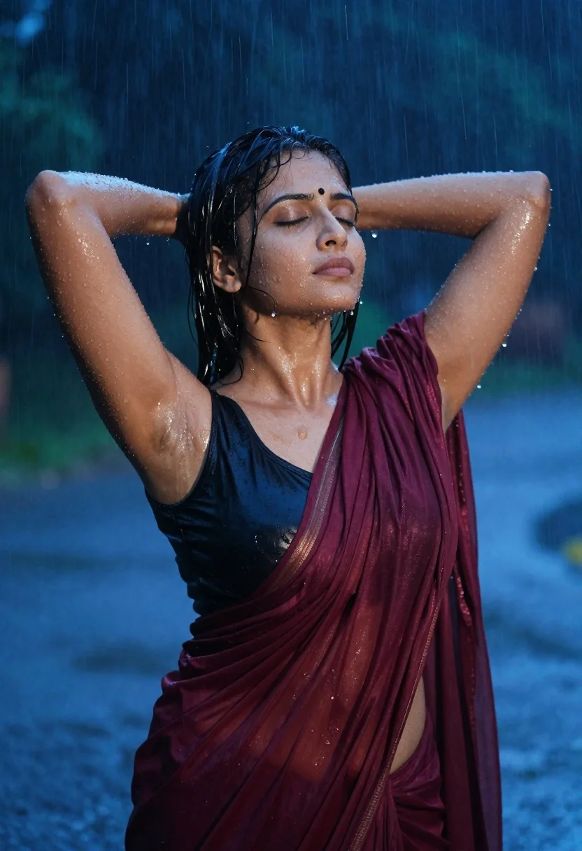 Woman in maroon sari standing in heavy rain with eyes closed - AI generated image prompt sample