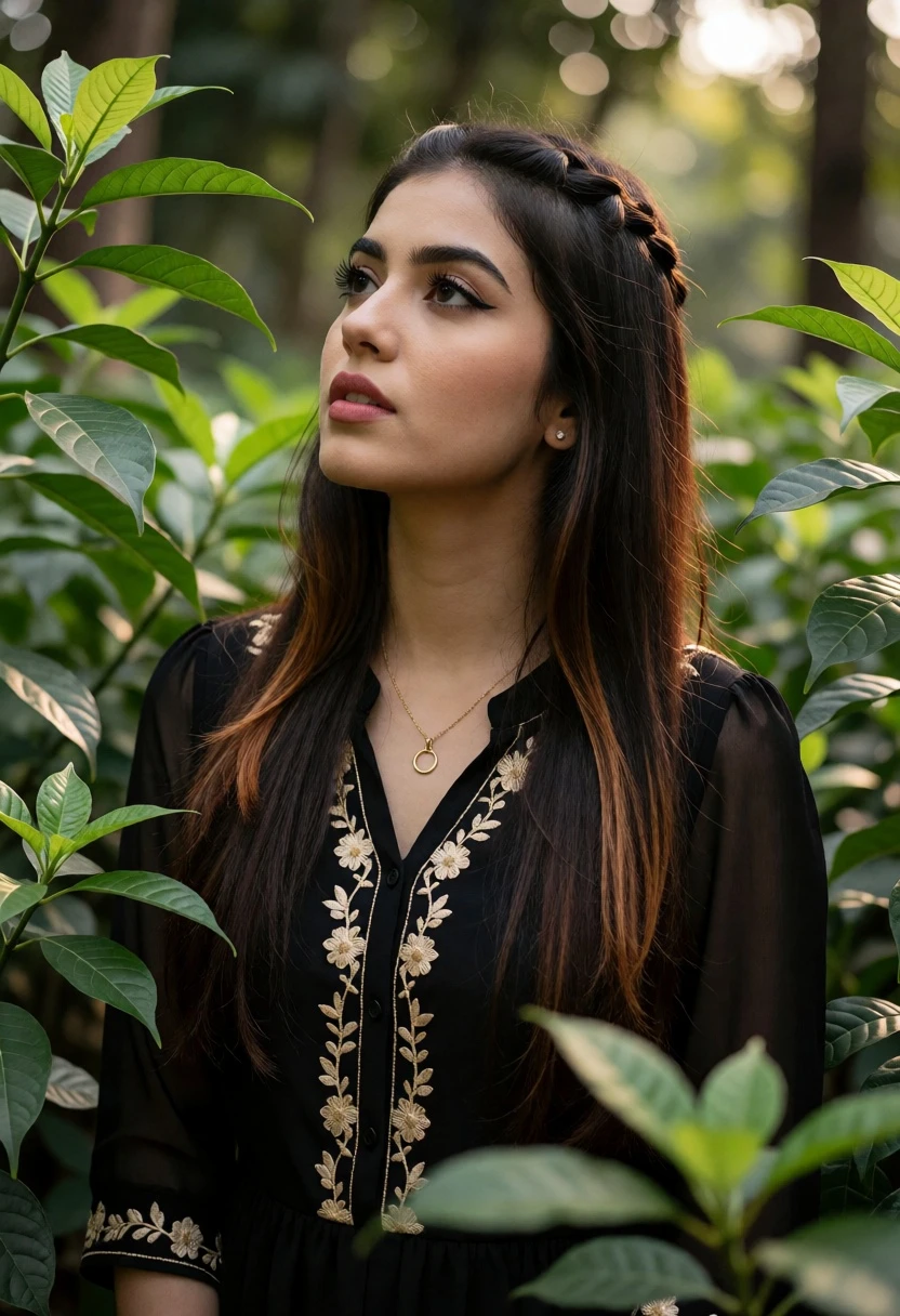 Young woman in black embroidered top amidst lush green foliage outdoors - AI generated image prompt sample
