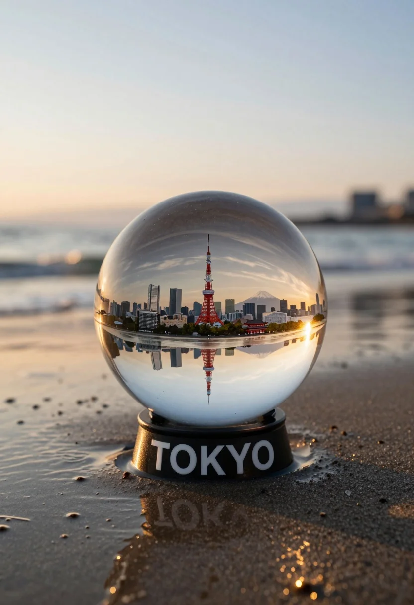 Glass sphere containing miniature tokyo cityscape on wet sand at sunset - AI generated image prompt sample