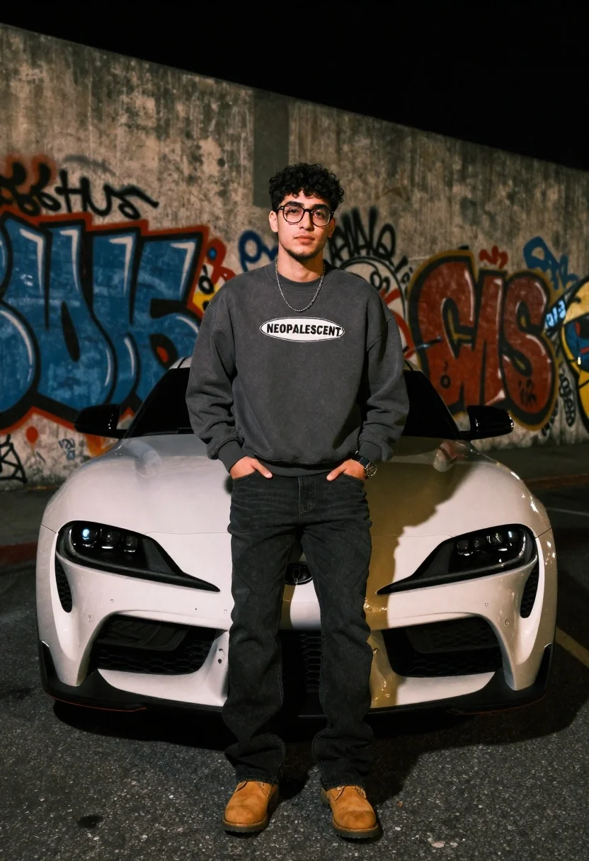 Young man leaning on white sports car graffiti street at night - AI generated image prompt sample