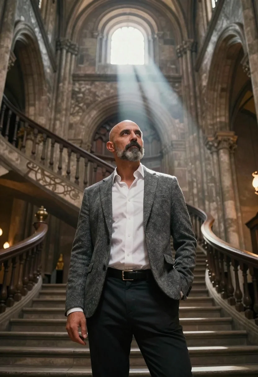 Bald man on spiral staircase in grand stone cathedral