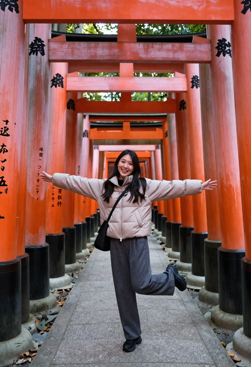 Young woman in puffer jacket posing inside a tunnel of orange torii - AI generated image prompt sample