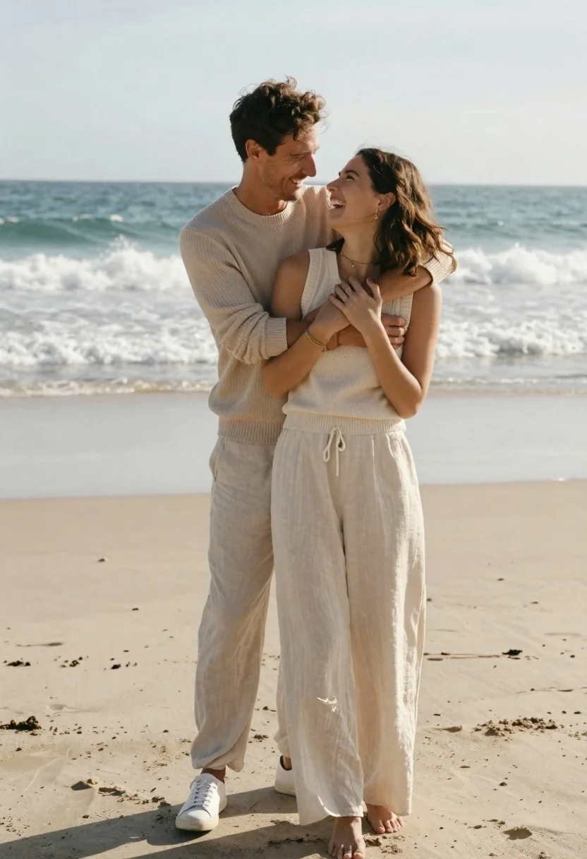 Happy couple embracing on a sandy beach during a sunny day - AI generated image prompt sample