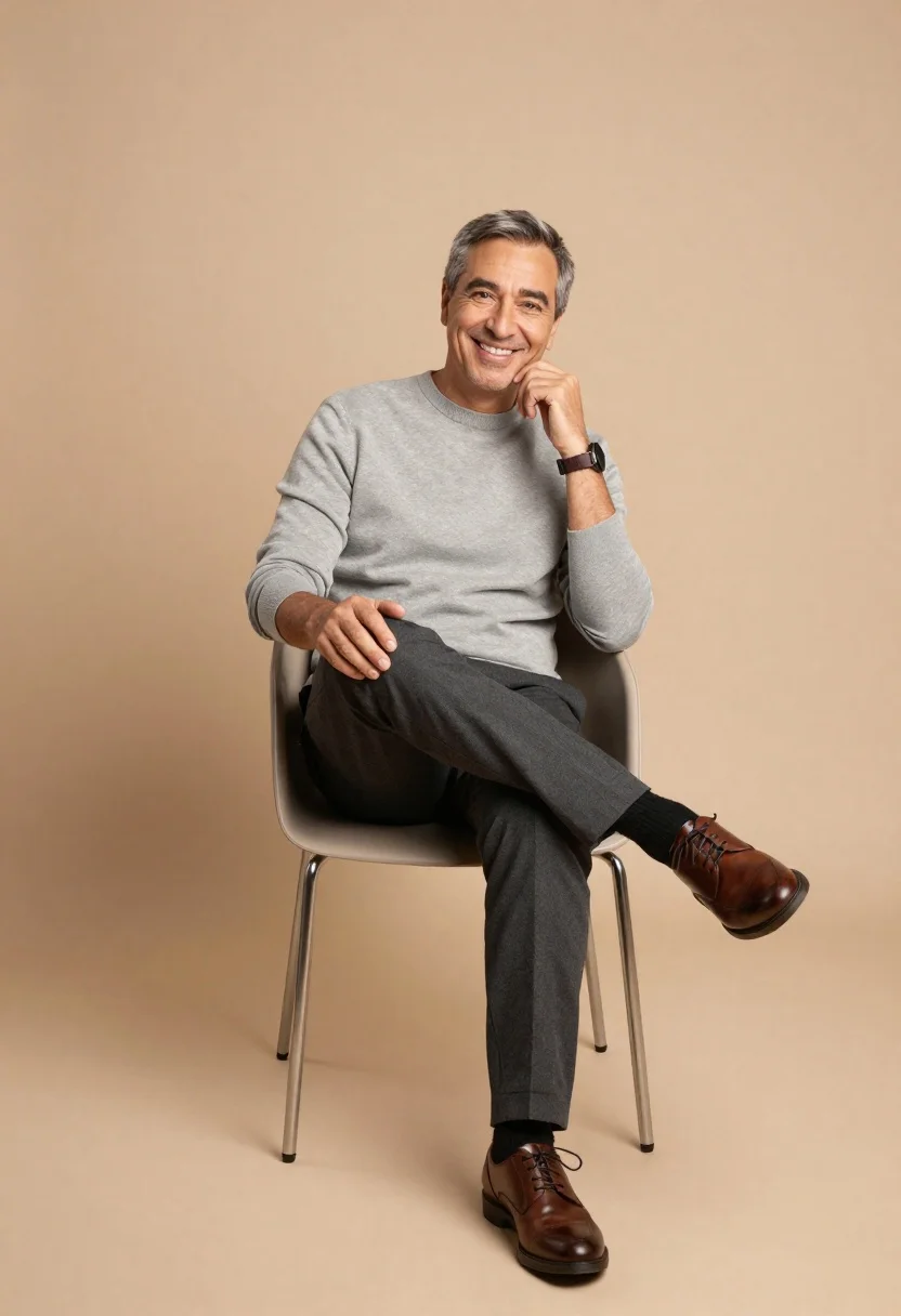 Smiling middle aged man seated against beige background