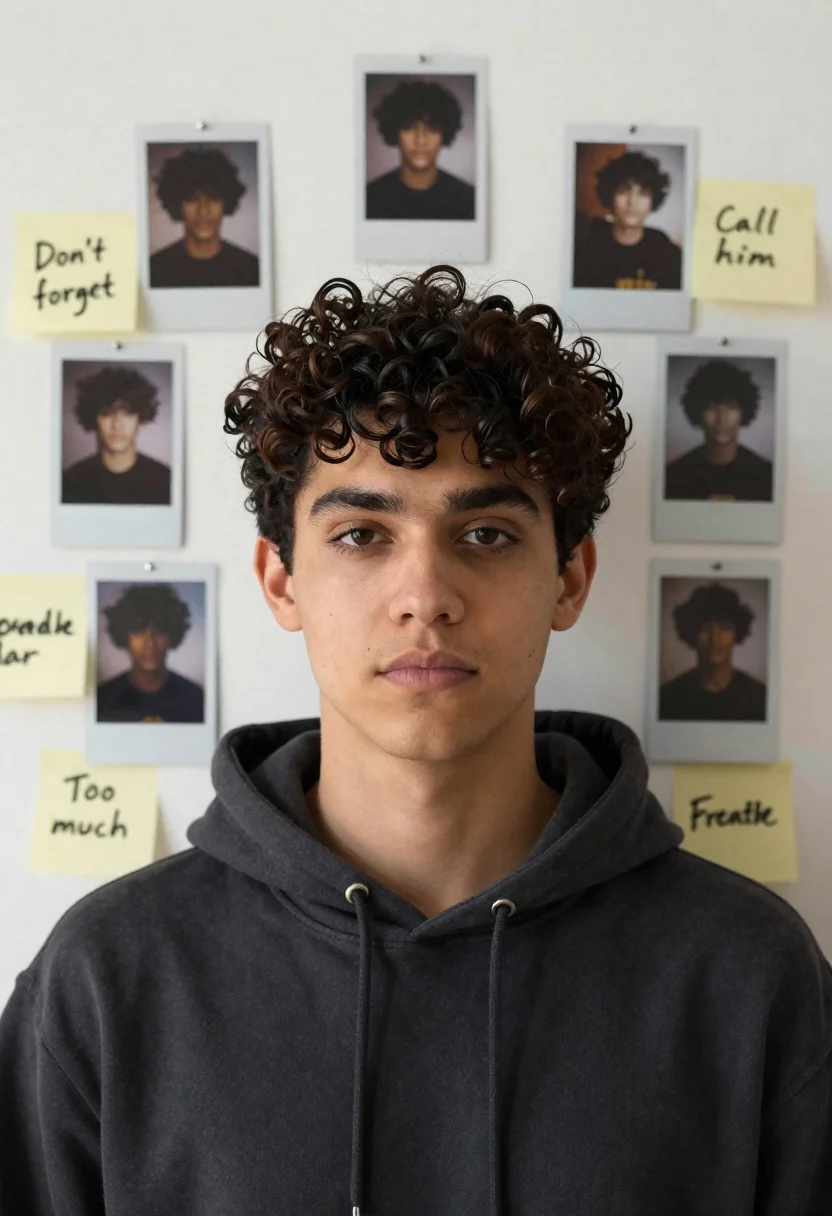 Young man with dark curly hair surrounded by polaroid photos and notes - AI generated image prompt sample