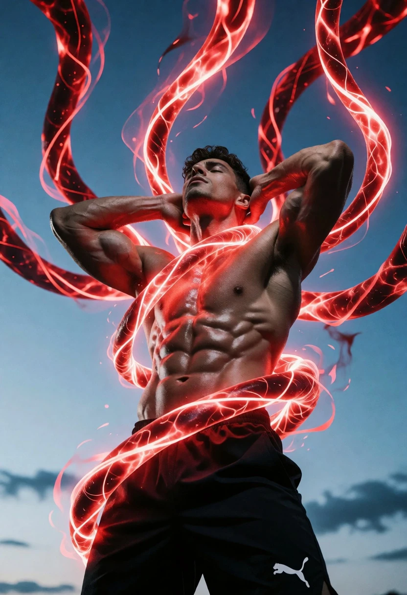Muscular shirtless man surrounded by red energy tendrils against blue sky - AI generated image prompt sample
