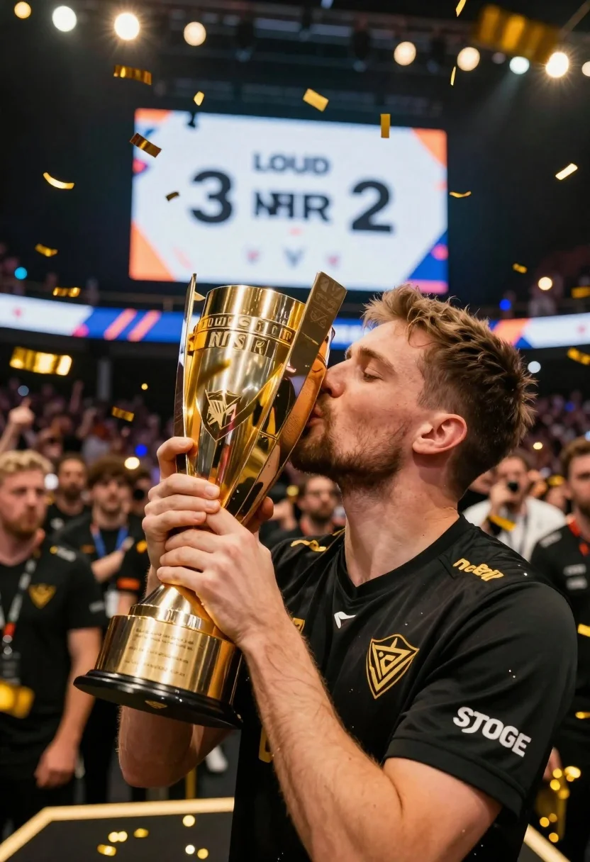 Esports athlete kissing golden trophy in stadium