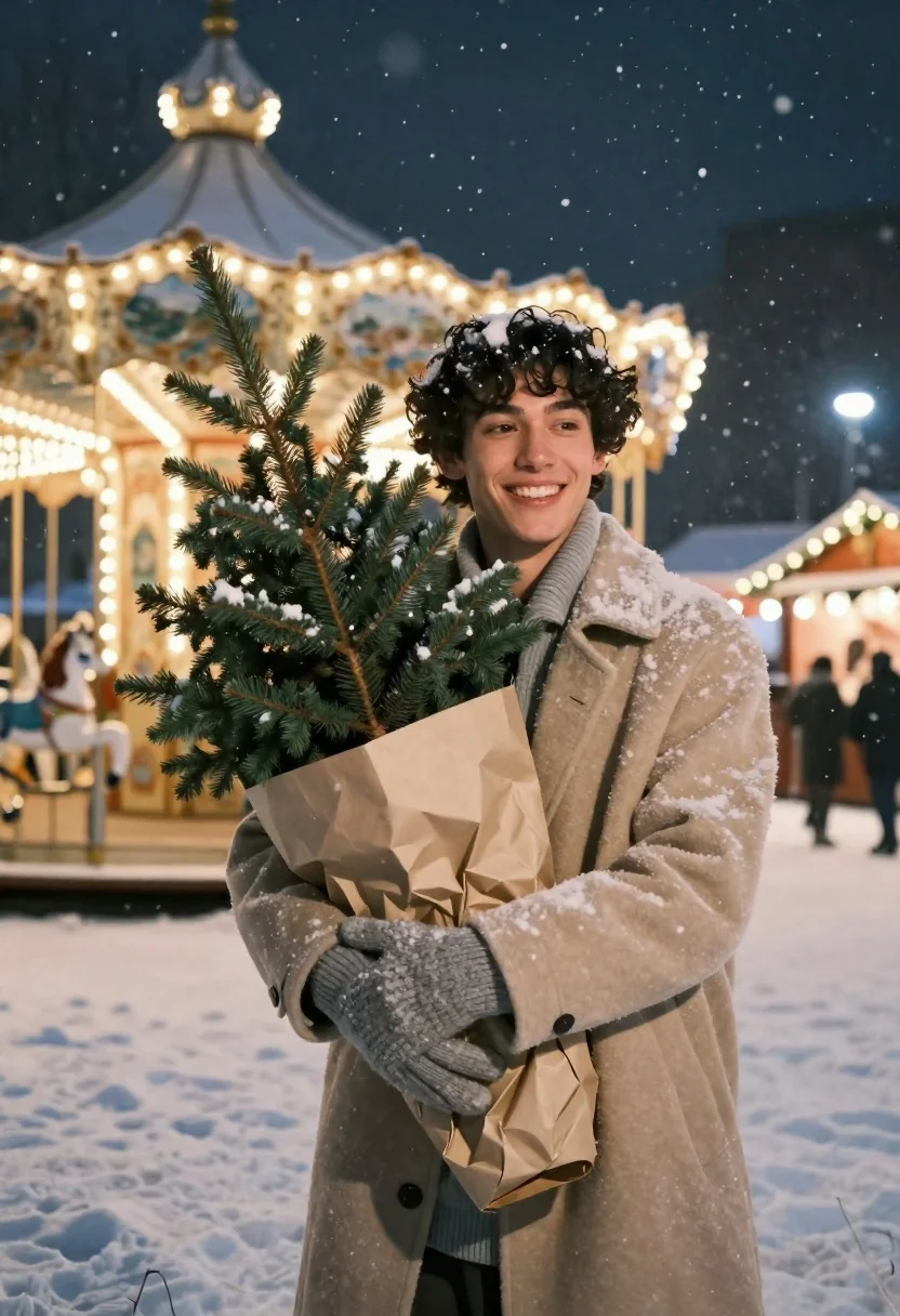 Smiling young man holding christmas tree in snowy night market setting - AI generated image prompt sample