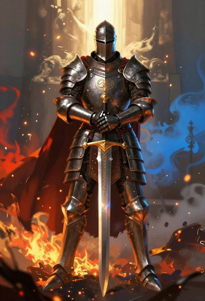 Armored knight standing amidst fire and blue mist