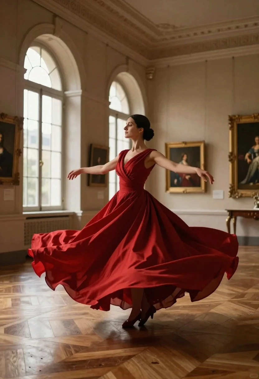 Woman in red ballgown spinning in elegant museum hall - AI generated image prompt sample