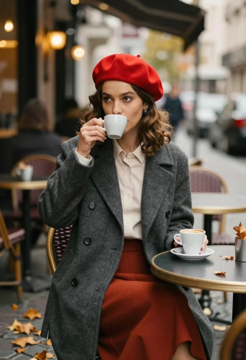 Young woman in red beret sipping coffee at an outdoor cafe table - AI generated image prompt sample