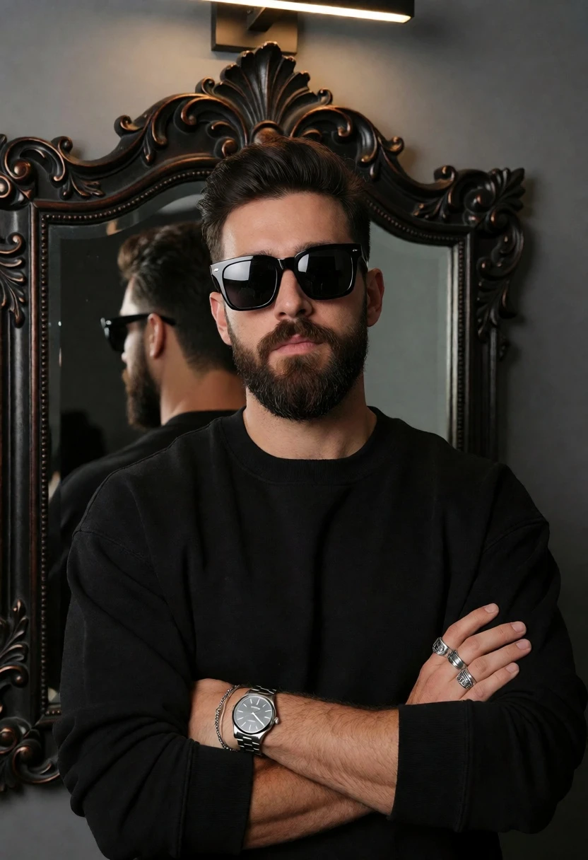 Medium close up of man with beard and black sweatshirt before ornate - AI generated image prompt sample