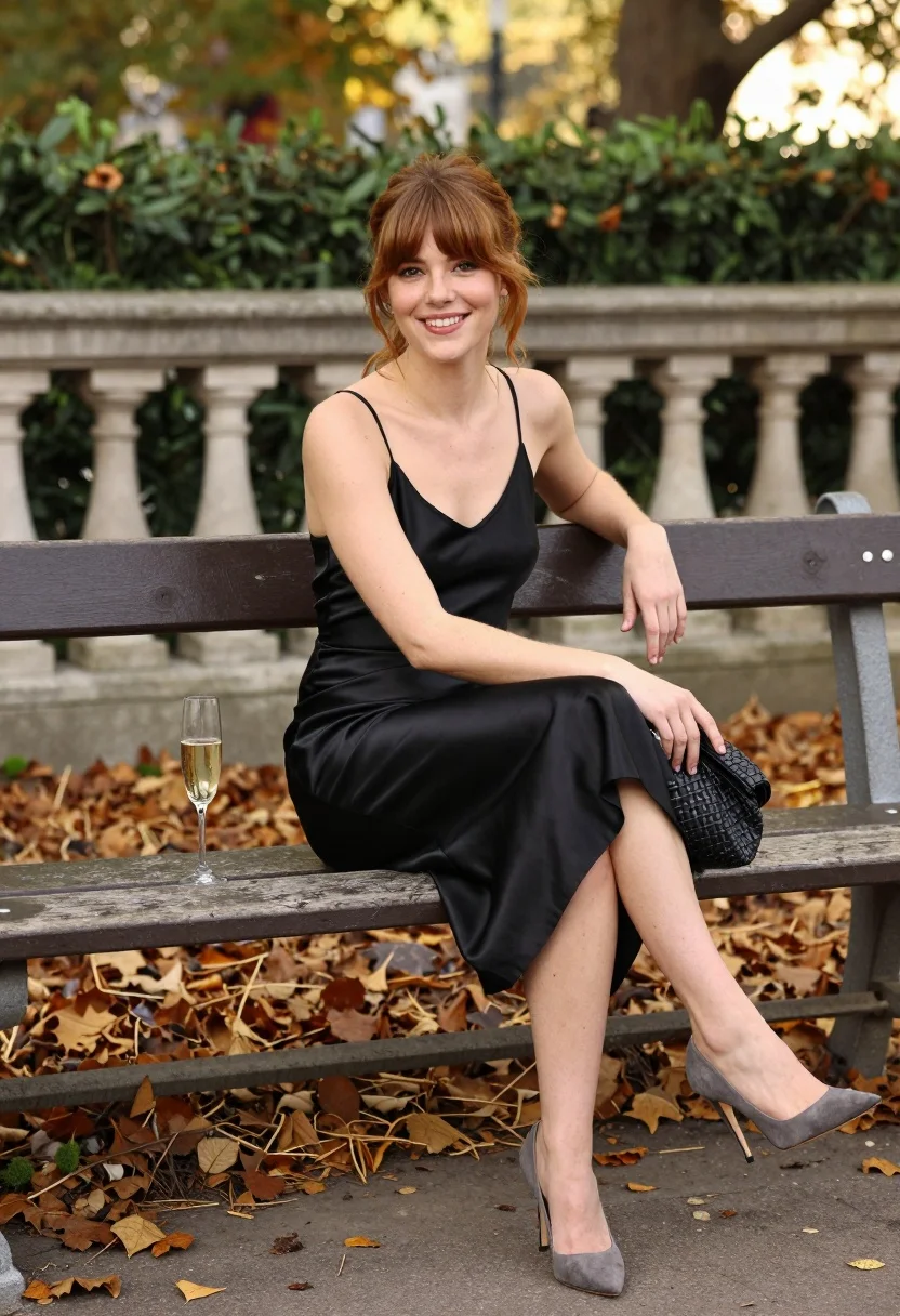 Smiling woman in black satin dress on park bench during autumn afternoon - AI generated image prompt sample