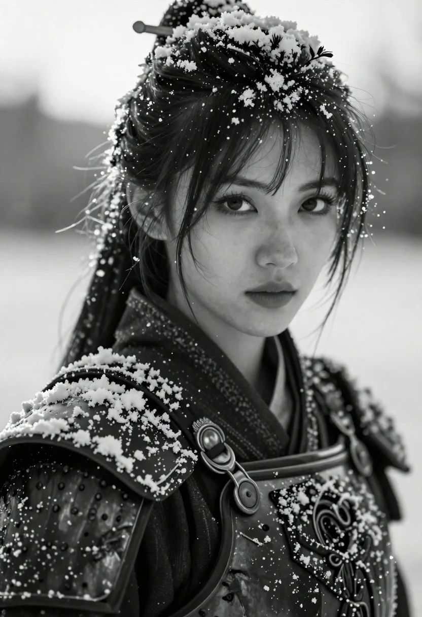 Monochromatic portrait of determined woman in snow - AI generated image prompt sample