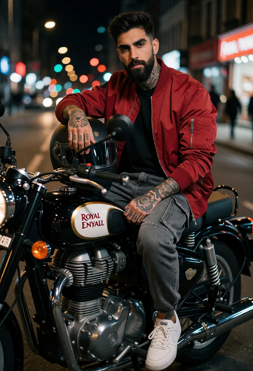 Bearded man with tattoos sitting on black motorcycle in rainy city night - AI generated image prompt sample
