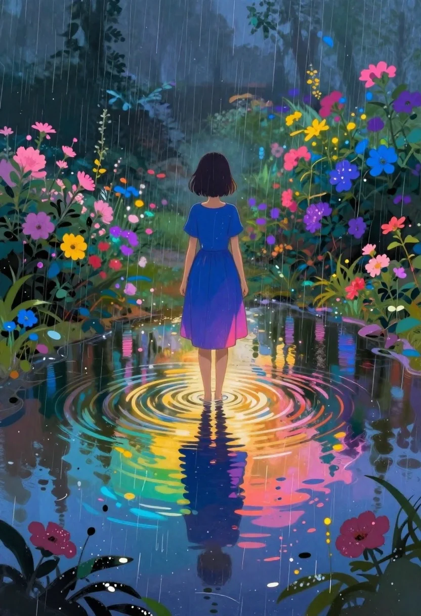 Girl in puddle during rainstorm surrounded by flowers - AI generated image prompt sample