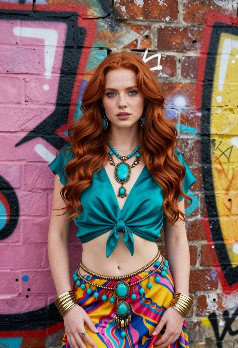 Fairskinned woman with red hair against vibrant graffiti covered brick wall - AI generated image prompt sample
