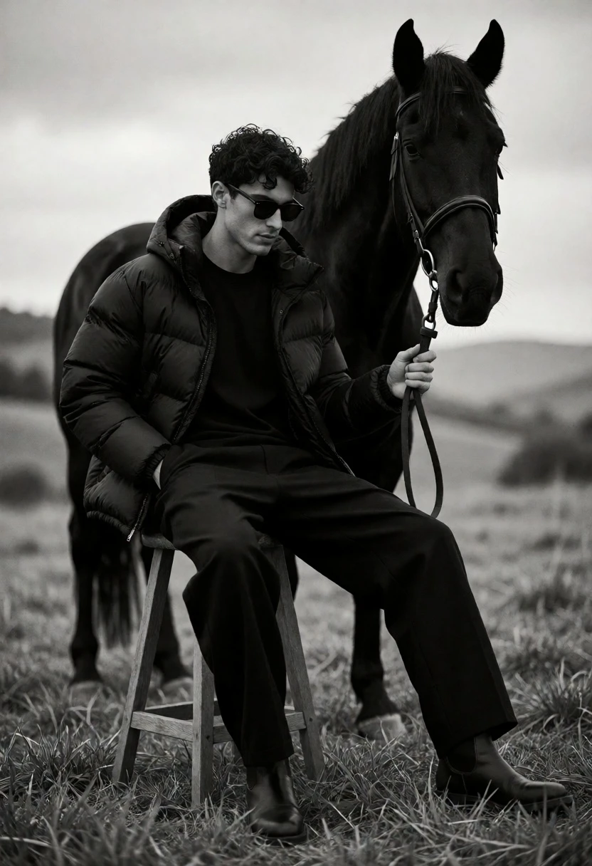 Man seated on stool with black horse in open grassy field - AI generated image prompt sample