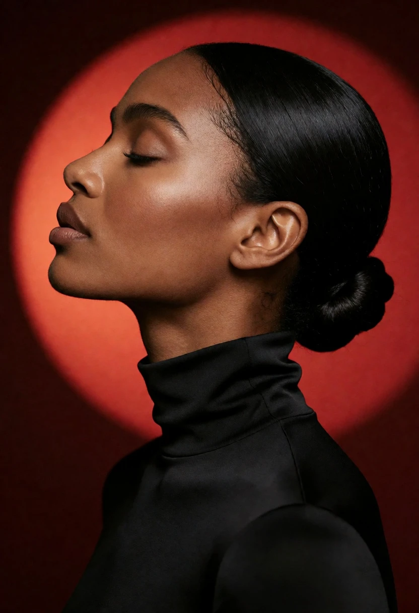 Close up profile portrait of dark skinned woman against dramatic red circular - AI generated image prompt sample