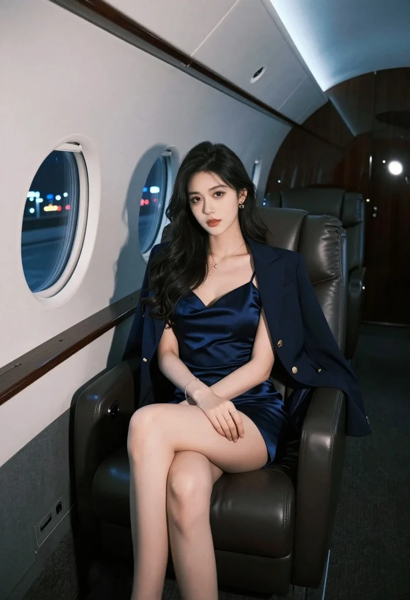 Glamorous woman in navy slip dress seated inside luxury private jet cabin - AI generated image prompt sample