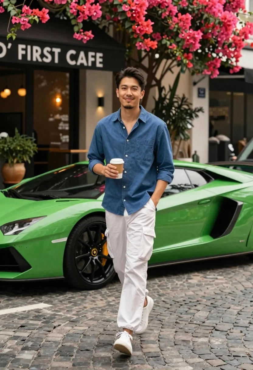 Man walking past green sports car on cobblestone street - AI generated image prompt sample