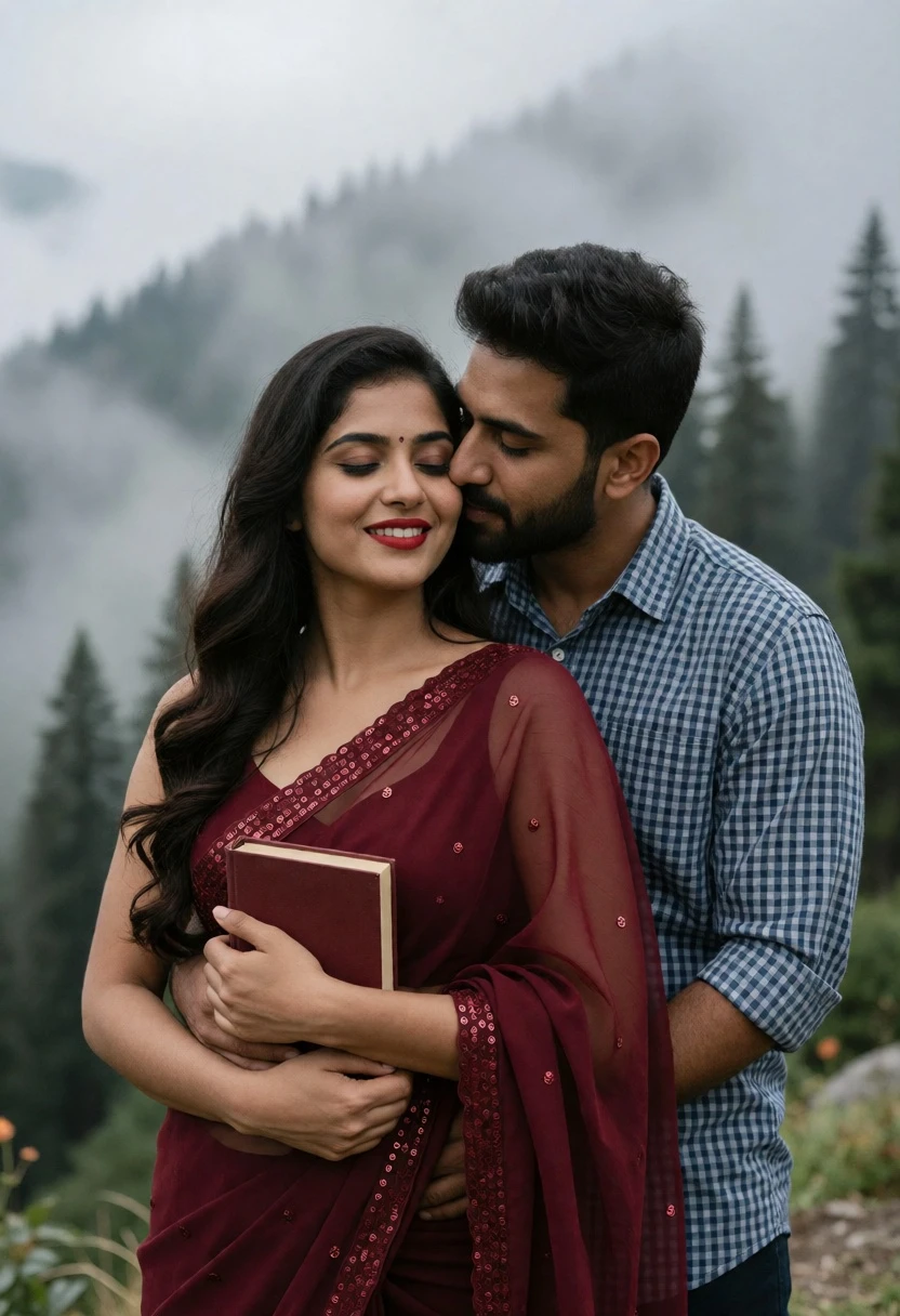 Romantic portrait of couple embracing in misty mountain landscape setting - AI generated image prompt sample
