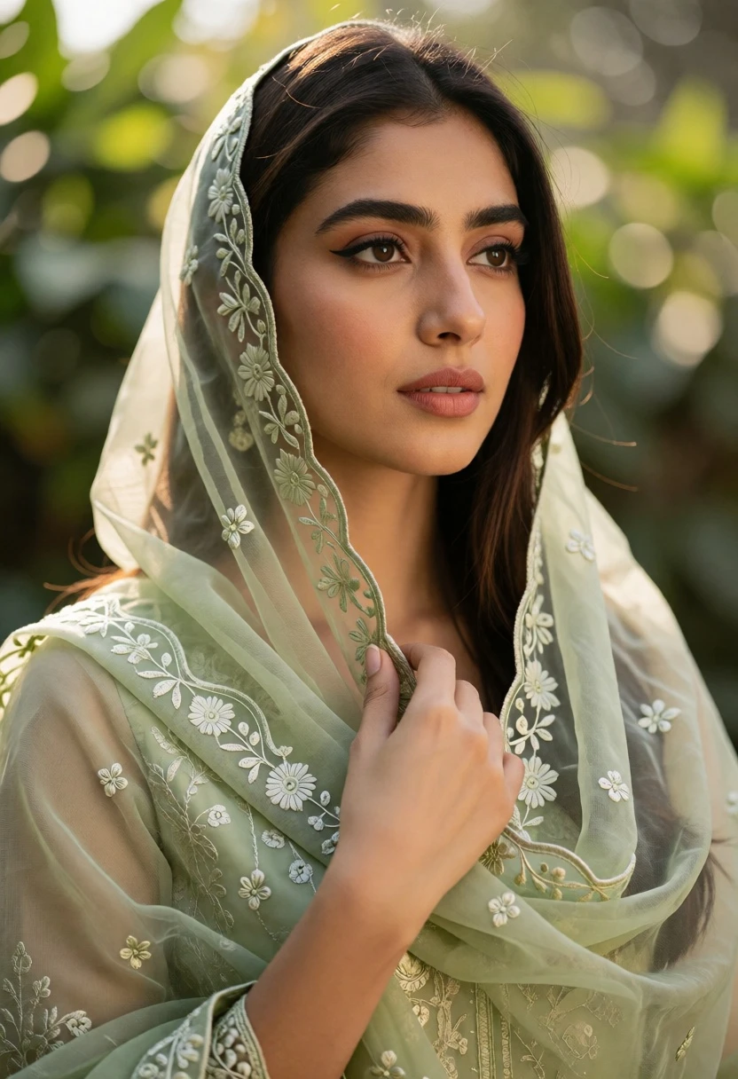 Young woman with dark hair wearing embroidered veil in soft green garden - AI generated image prompt sample